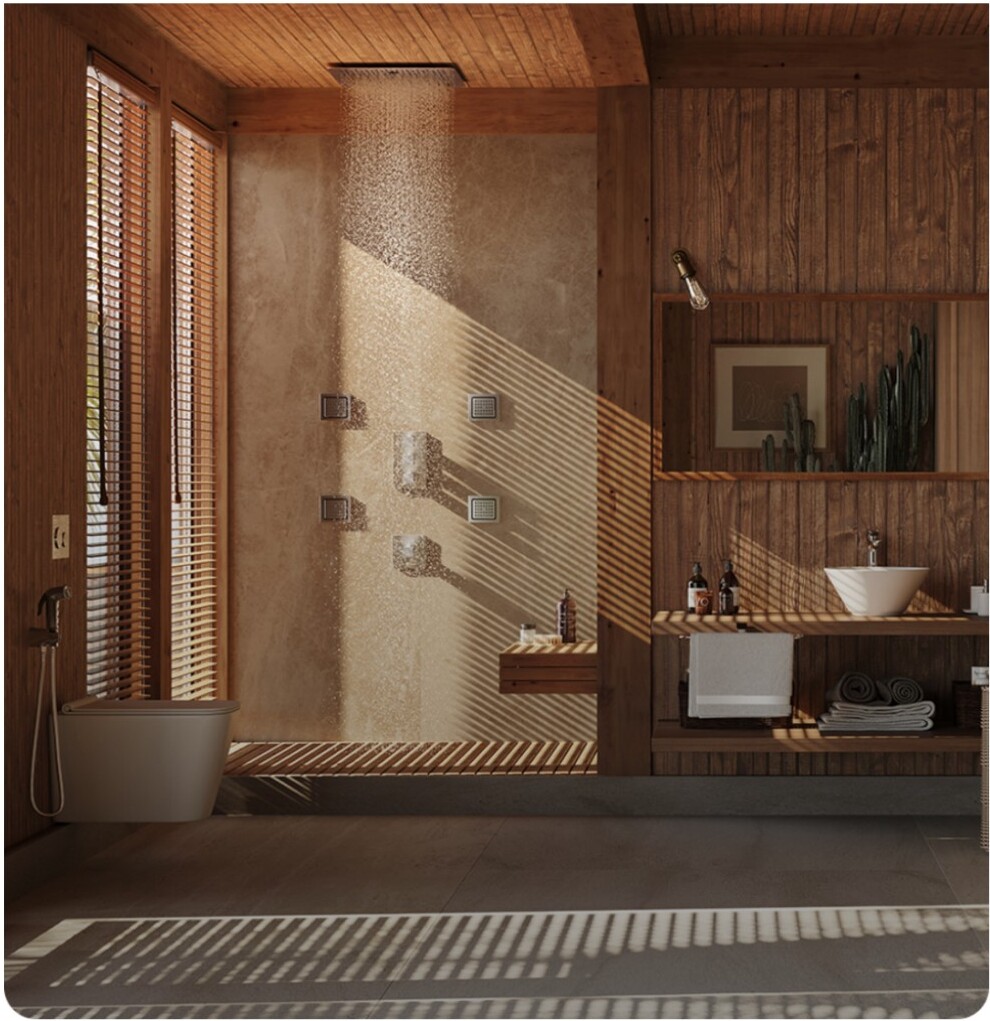 Spa-like bathroom with wooden paneling