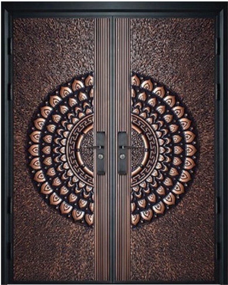 Double doors with ornate circular metal design
