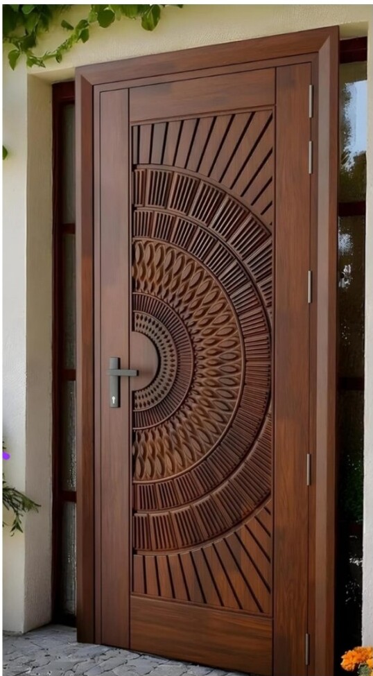 Wooden door with radiating semi-circular pattern