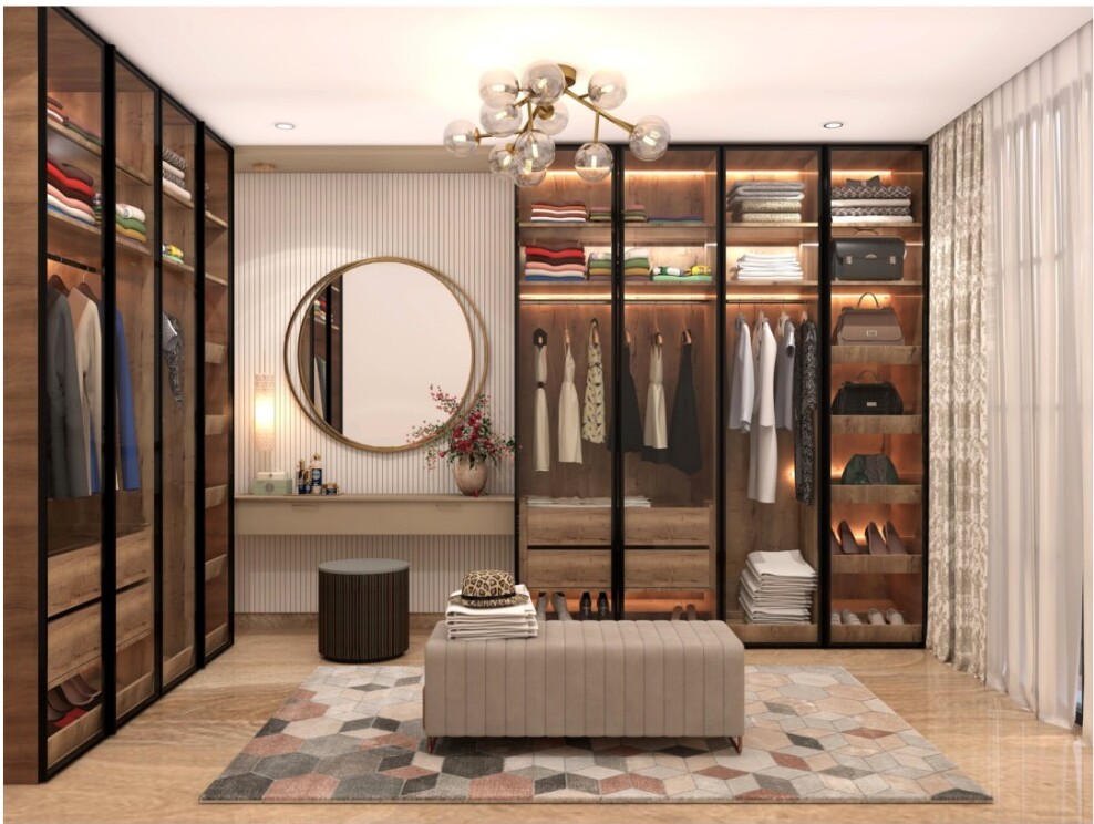 Walk-in closet with glass-fronted cabinets