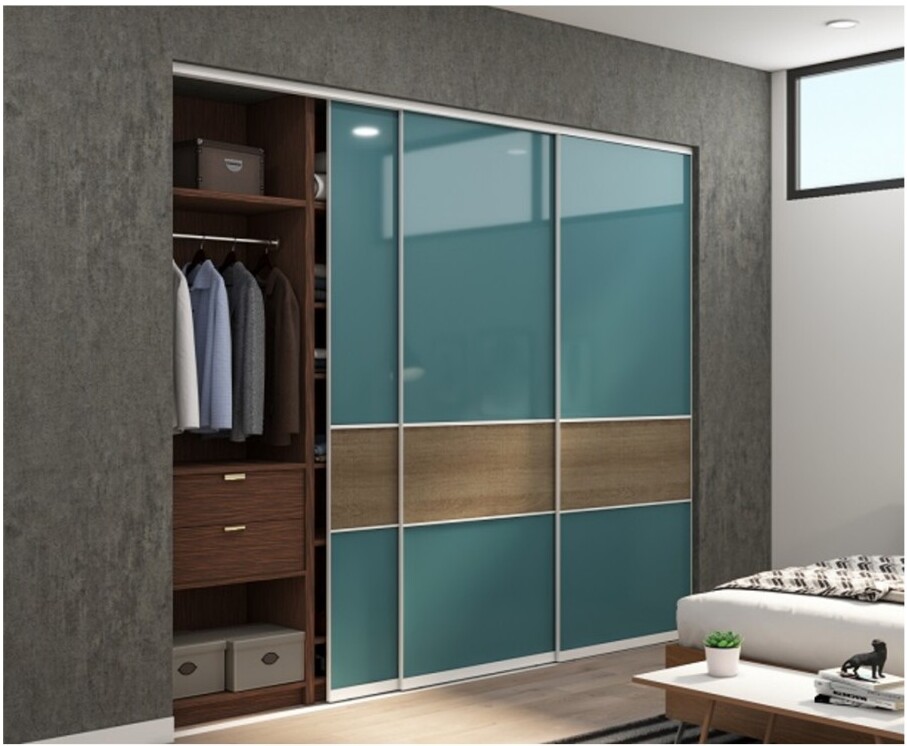 Modern wardrobe with teal and wood finishes